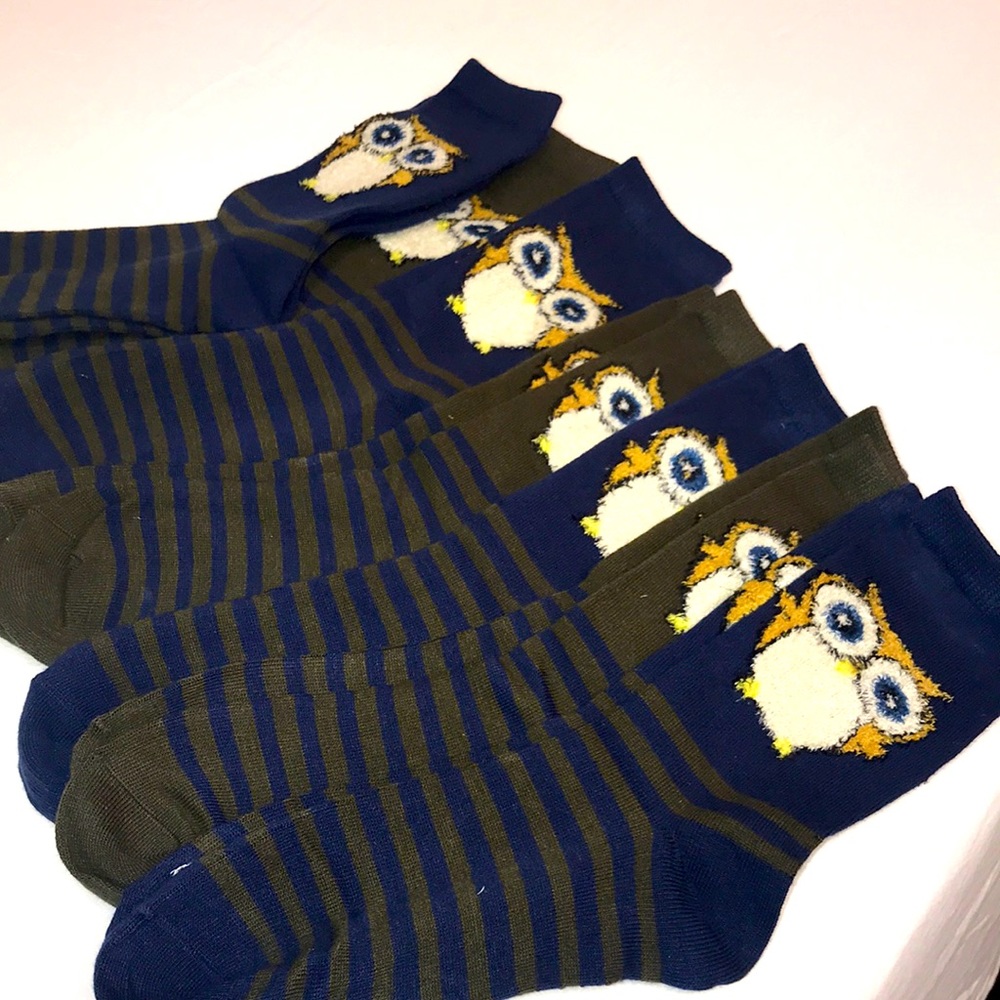 COPY - ASHA LADIES 6 PAIRS OWL PRINT CREW SOCKS TOP QUALITY BLUE GREEN STRIPE